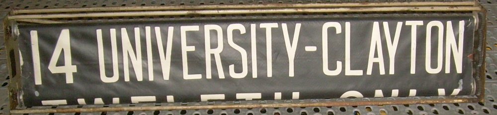 * St. Louis Pub Service Street Car Roll Sign: 54" long, 4 back-lit bulbs, electric hook up. Crank works fine. From PCC 1635. SLPS had 38 1600s. Includes hand written list of all stops and original receipt from SLPS to William Young from 1957 sale