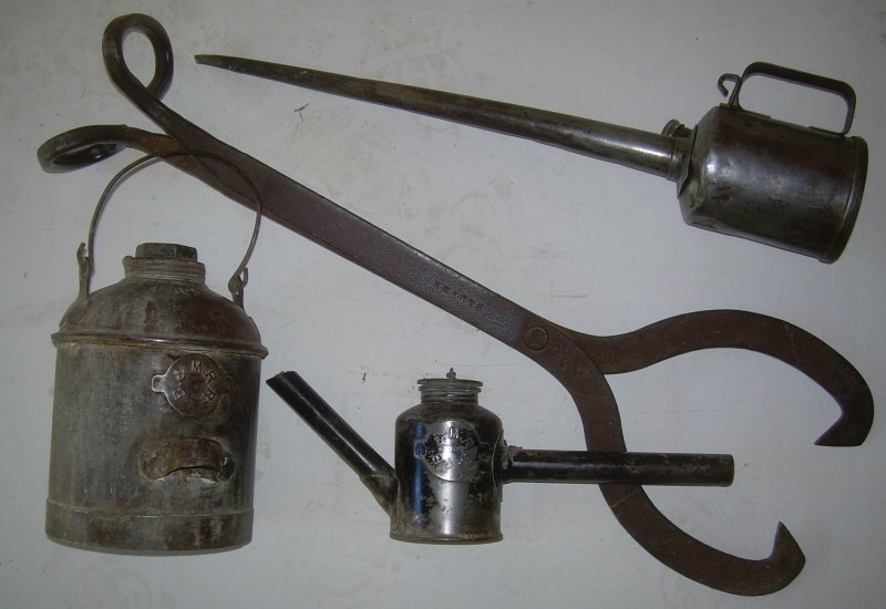 Boston & Maine Railroad Tools & Tin: 4 Pieces of Boston & Maine Railroad tin & tools: (1) Eagle 1 gallon oil can with applied B&MRR tag - Good (2) Eagle torch with applied tag, has original retaining chain - Very Good (3) 28" Tie tongs s