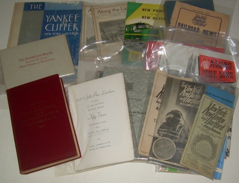 New Haven Books, Magazines, Annual Reports: Includes: a Shore Line Route booklet that is special, a beautiful book c. 1900 "Deluxe Trains on the Shore Line;" 1911 hardcover report; 1957 "Gold Pass Luncheon", Yankee Clipper hardcover book with s
