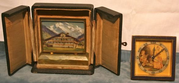 Travel Clocks: Two Hand Painted Travel Clocks - one in case, one made in Germany