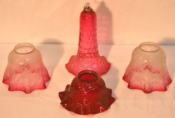Glass Lighting Pieces: Lot of 4 Glass Lighting Pieces, 1 cranberry shape, 2 etched clear/cranberry shades, 1 cranberry smoke bell (8 1/4")