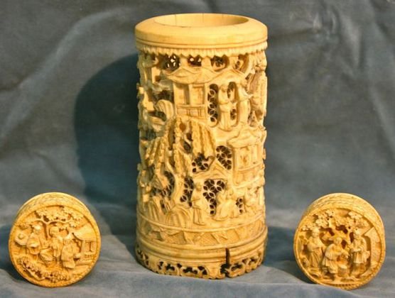 3 Carved Ivory Pieces: Carved Ivory Tube, 2 Round Pill Boxes