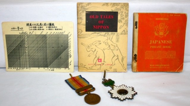 5 Japanese Items: Booklet "Old Tales of Nippon", Celluloid Number Card, Booklet War Department, 2 Medals