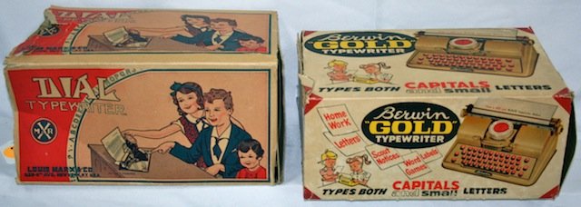 2 Toy Typewriters: Marx Dial Typewriter, Berwin Gold Typewriter, original boxes