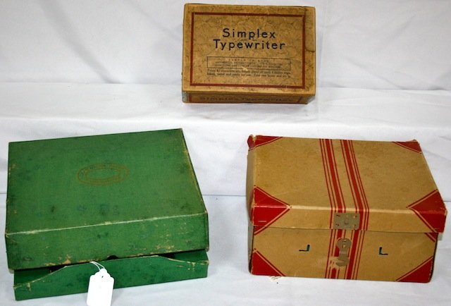 3 Toy Typewriters: Am Flyer Typerwriter in box, Simplex Practical #3 Typewriter in box, Sm Simplex Model B Typewriter