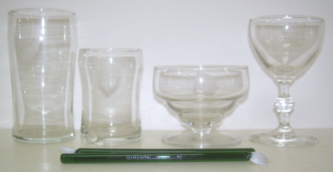 Railroad Glassware (6): D&H, Milw, NYC 20th C B&A: Older Railroad glassware that includes: 2 different size Delaware & Hudson straight side glasses with nice logo etching, Chicago Milwaukee St Paul & Pacific fancy desert cup, New York Central "20th Ce