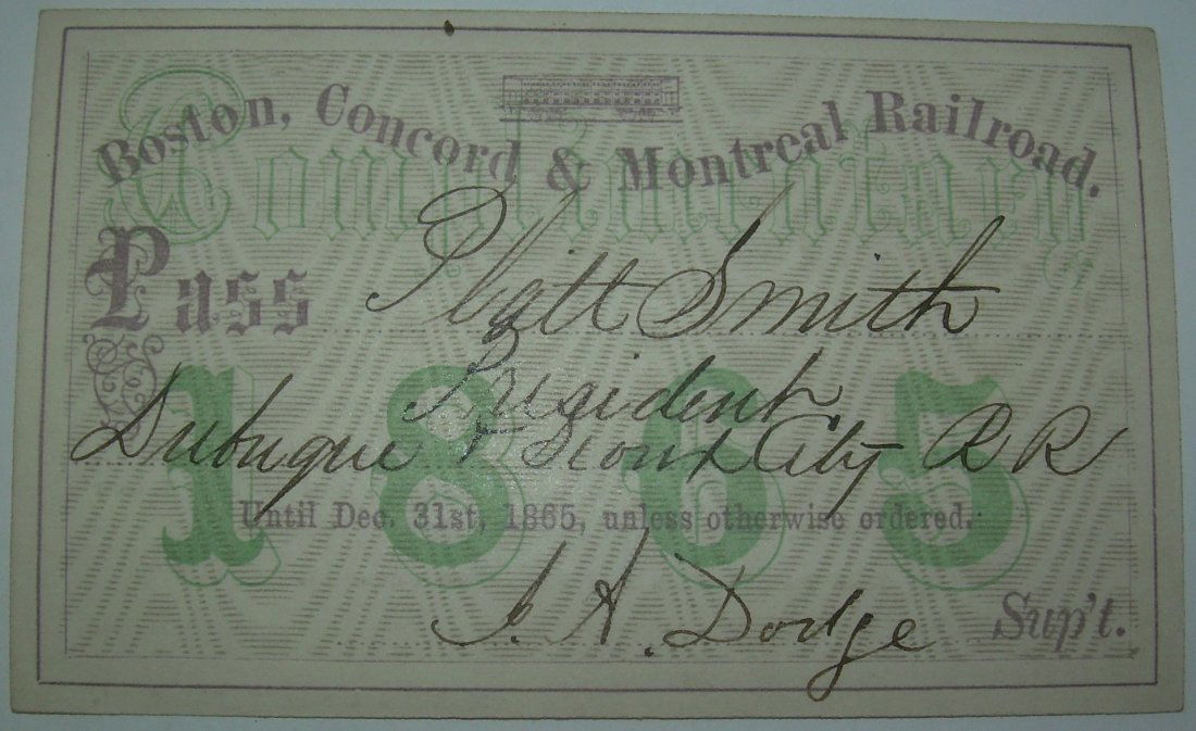 Boston Concord & Montreal 1865 Annual Pass: Wonderful condition for this Civil War era New England pass. In 1889 the Boston Concord & Montreal merged with the Concord to become the Concord & Montreal In 1895 the C&M was taken over by the Boston