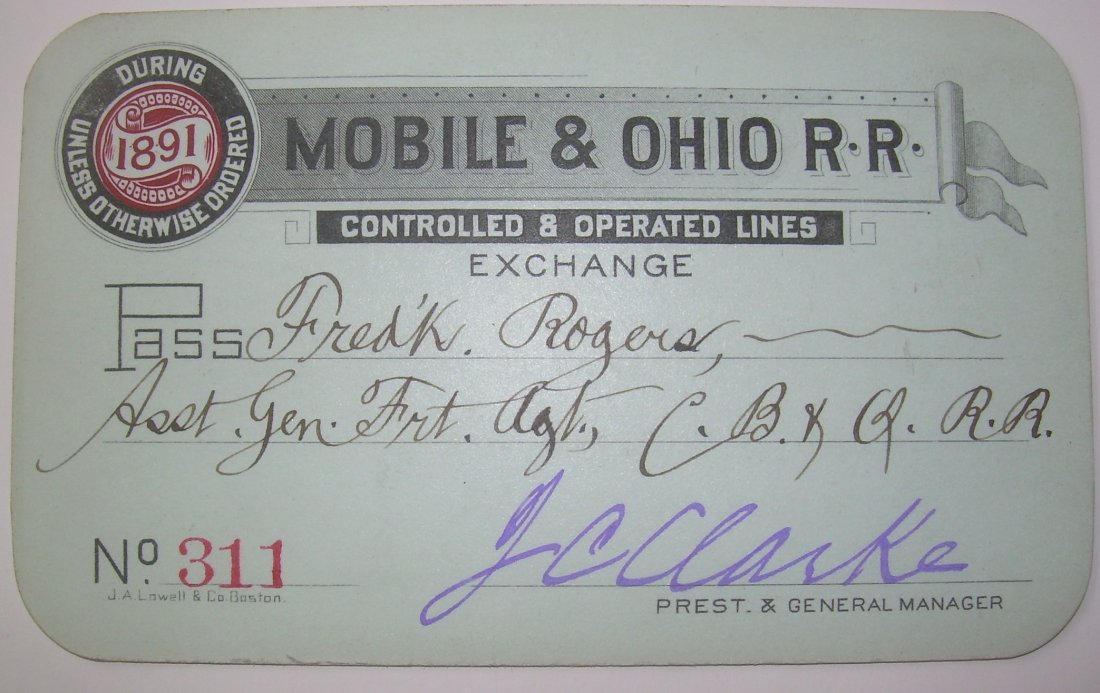 Mobile & Ohio Railroad – Annual Pass 1891: Fancy date area with embossing.
