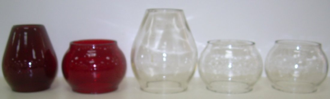 Railroad Lantern Globes (5) All have cast initials: A group of 5 cast lantern globes from different railroads: (1) B&A (Boston & Albany) red cast earlier Vesta - not easy to find (2) AT&SF Ry red Kero (3) B&ORR tall clear in tiny top lettering (4-5) CP