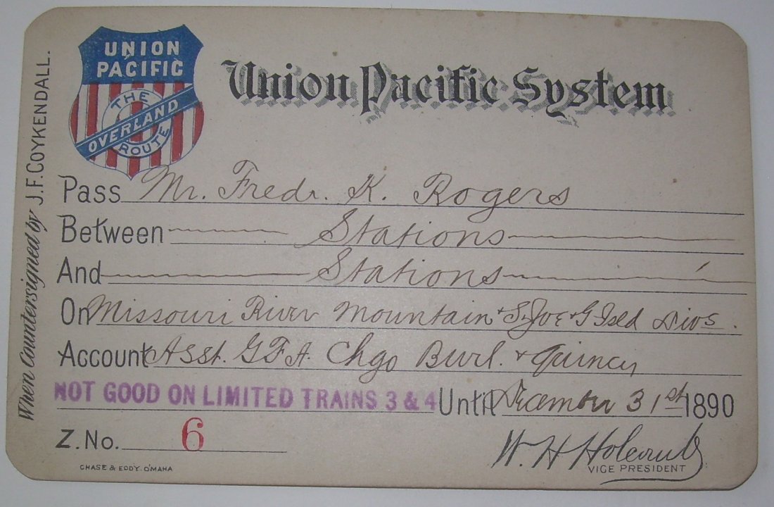Union Pacific System – Annual Pass 1890: Fancy Shield logo on the front. Uses the “Between” option and all stations have been included.