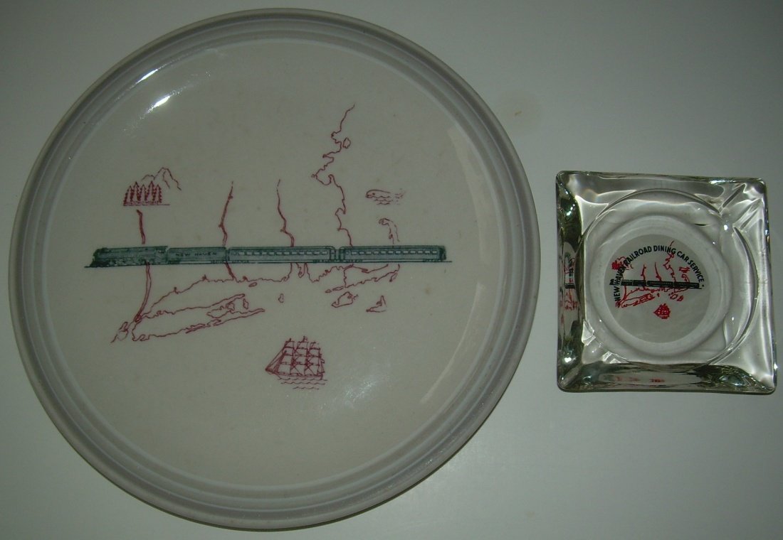 New Haven "Merchants" Plate & Ashtray : Standard 8 1/2" Lunch plate with the famous I-5 locomotive hauling 2 passenger cars across a map of Southern New England. Buffalo made and 8 1/2" in diameter. The ashtray has a white bottom (hard to s