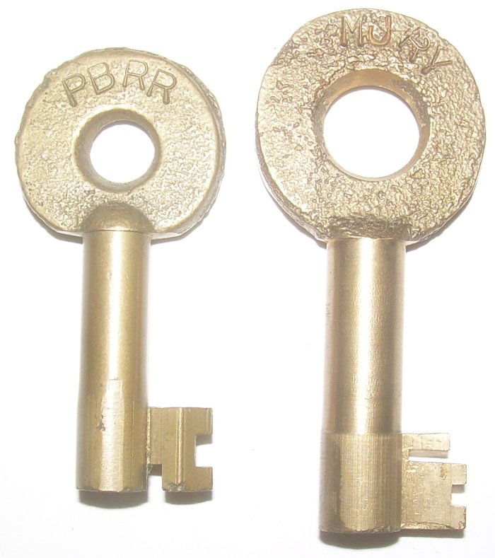 2 Brass Railroad Switch Keys - PB, MJ: 2 Adlake over-run keys: (1) PB is Public Belt RR of New Orleans (2) MJ could be Manufacturer's Junction in Chicago