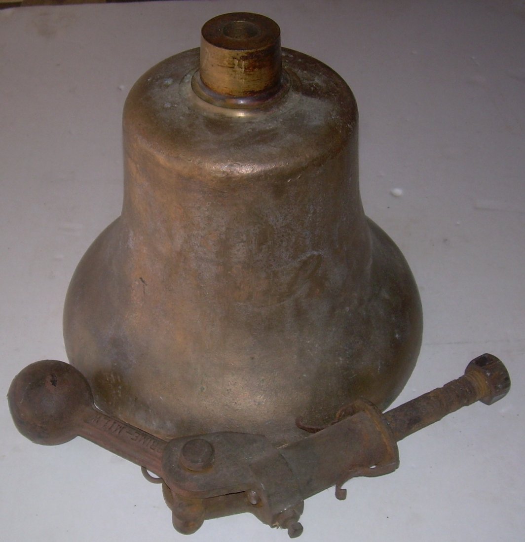 * Brass Locomotive Bell From an Early Diesel: 12" diameter and 11" tall. Has been used, includes ringer made by "Prime-Milw". Has #5 cast on reverse side. The bell is fine. It shows a use line on the interior. The outside shows age and use. The p