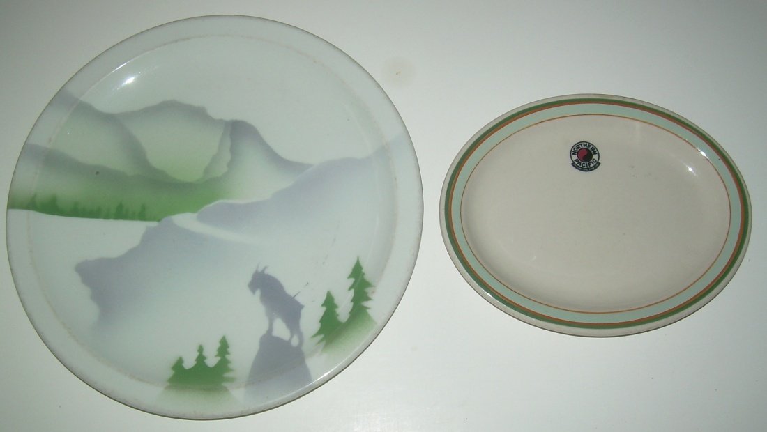 Great Northern Northern Pacific Dining Car China: 2 pieces of dining car china: (1) Great Northern "Glory of the West" Dinner plate with goat logo. Syracuse made with a date code of "5-M". (2) Northern Pacific "Monad" pattern oval platter made by She