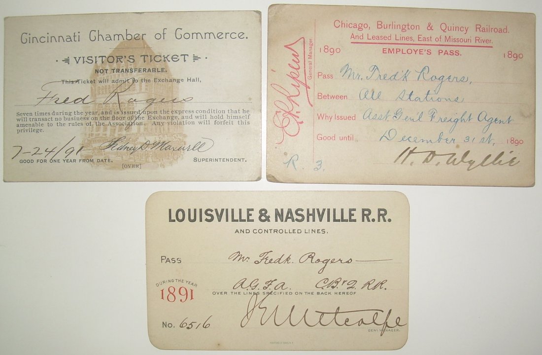 Annual Passes (3) St Louis, Cincinnati: Annual Passes and Tickets that include: (1) Cincinnati Chamber of Commerce Building 1891 – nice building vignette as background. (2) Chicago Burlington & Quincy Employee Pass issued to Mr. Rogers. T