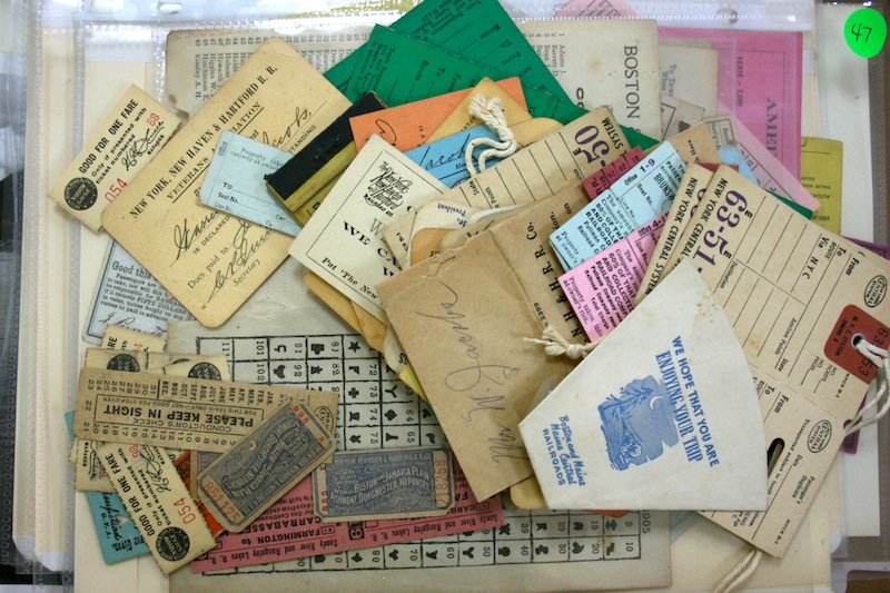 Railroad Lot: RR Tickets, Passes, Paper Baggage Tags, various roads,folding map of Summer resorts for B&M, no date, etc.