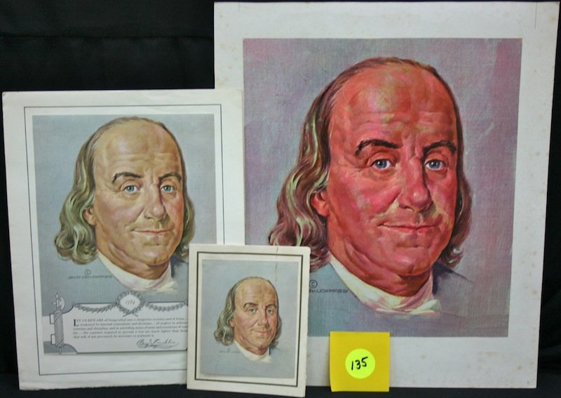 Robert Childress Original Works: Ben Franklin Painting, varnished w/Christmas Card, w/the published painting on it for South bend Radiator Co., and a larger published version with a Liberty statement at the bottom.