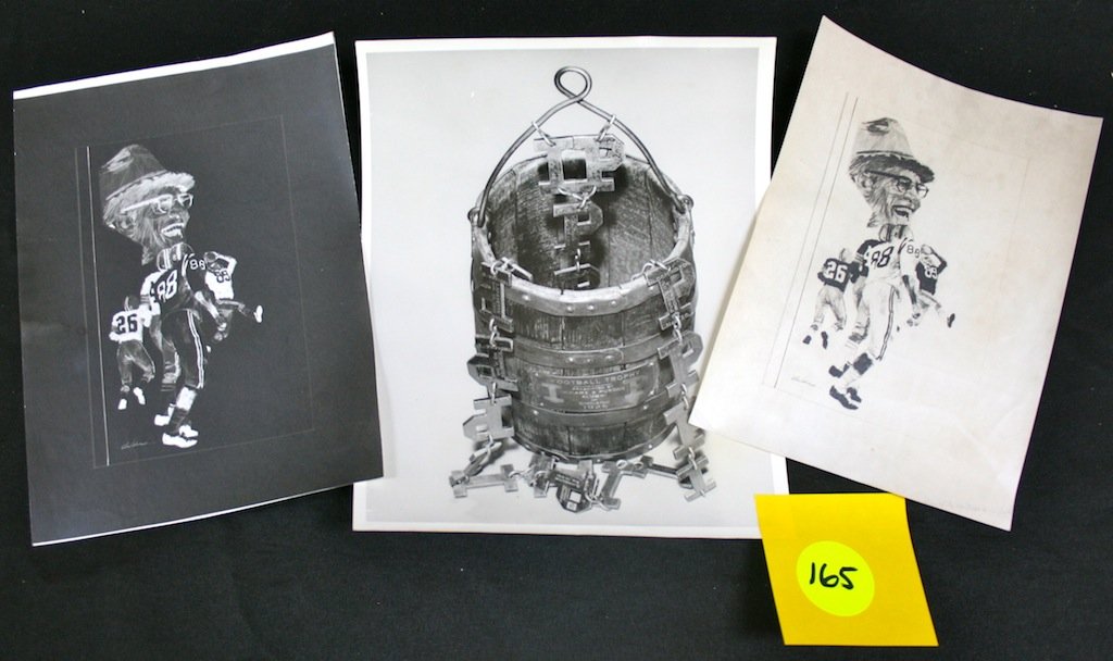 Robert Childress Original Works: Photo of Football Coach Paul "Bear" Bryant w/negative, of sketch along w/8x10 b/w glossy negative of The Old Oaken Bucket, Indiana Football trophy shared between Indiana Univ. & Purdue & Oaken Bucket