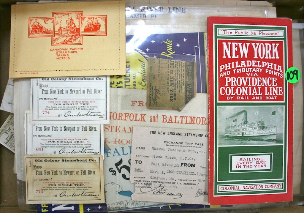 SteamShip: Apx 60 pcs Domestic Steamship, Time Tables, 19th Cent Receipts, Tickets, Passes, etc