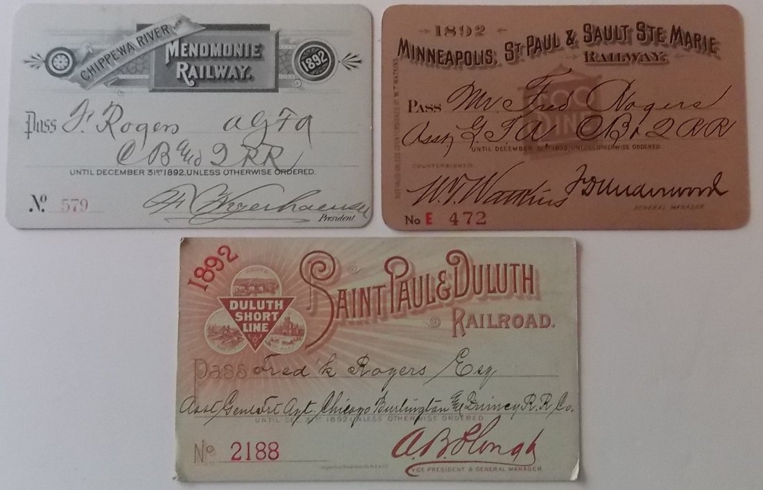Railroad Annual Passes: Menomonie, Soo, Duluth: A group of 3 annual passes: (1) Menomonie Railway - "Chippewa River" 1892 (2) Minneapolis St Paul & Sault Ste Marie Railroad (SOO Line) – fine logo watermark (3) St Paul & Duluth Railroad "Duluth Sh