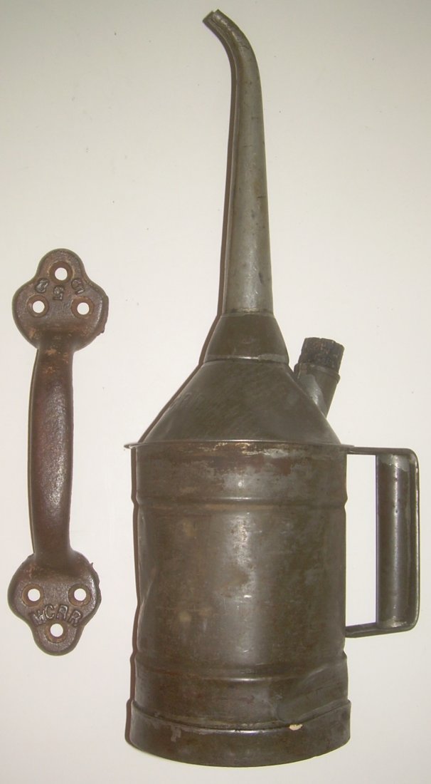 Maine Central Hardware: Oiler, Door Handle: This group includes a Peter Gray & Sons made Oiler that is different because it has a 5" diameter and a stubby spout. It stands 18" tall. It is nicely stamped MCRR on the conical top area. The handle