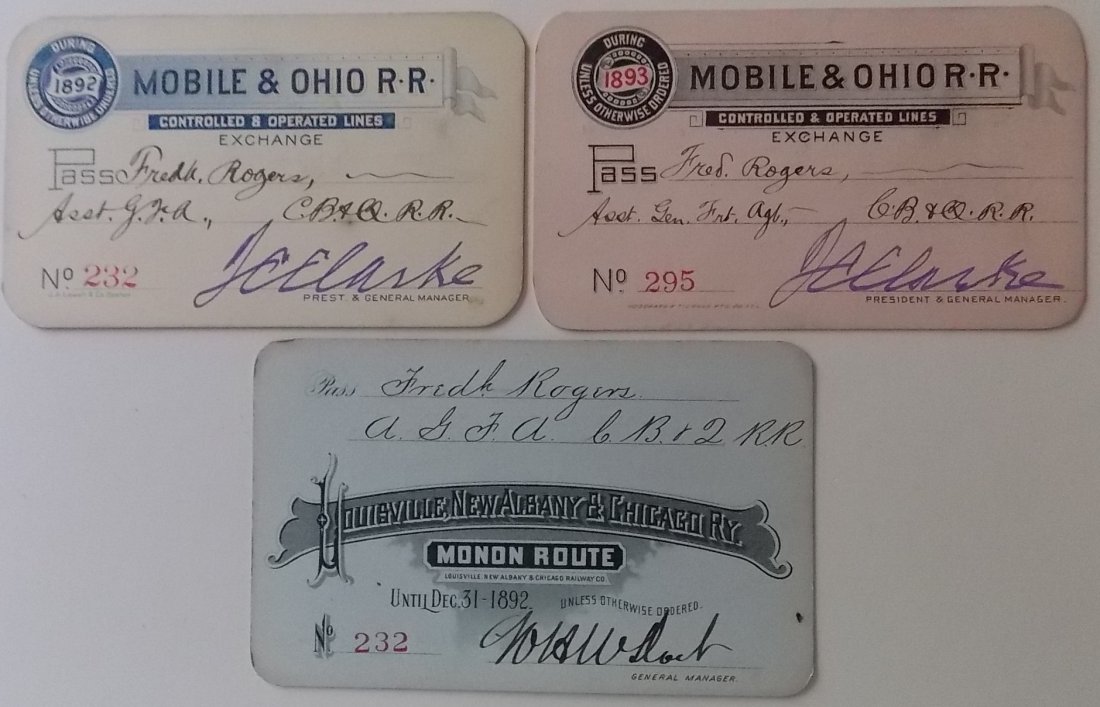 Annual Passes: Mobile & Ohio, Monon Route (3): A group of 3 passes from the South: (1-2) Mobile & Ohio 1892, 1893 – ornate with date embossed on both (3) Louisville New Albany & Chicago (Monon Route) 1892 – nice banner with additional date on 