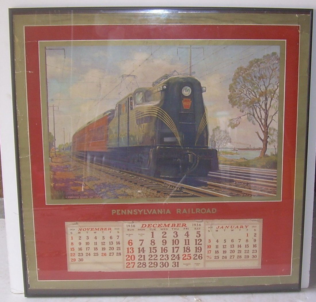 * Pennsylvania Railroad Calendar 1936 Framed: Framed in aluminum Pennsylvania Railroad calendar 1936. Titled, "Speed Safety Comfort." It features a GG1 electric locomotive hauling a passenger train. Thre is some camera flash/streaking. The calend