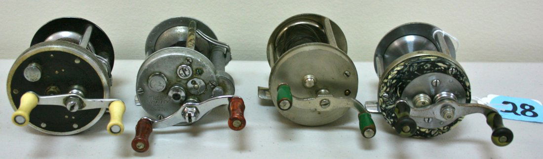 Four Casting fishing Reels, incl. 1 Heddon & Penn: Four Casting fishing Reels; One Pflueger Nobby #1963 fishing reel with jeweled caps, One Shakespeare fishing reel Marhoff 1964 Model GA, One Penn, One Heddon "Pal" P-41 with jeweled cap