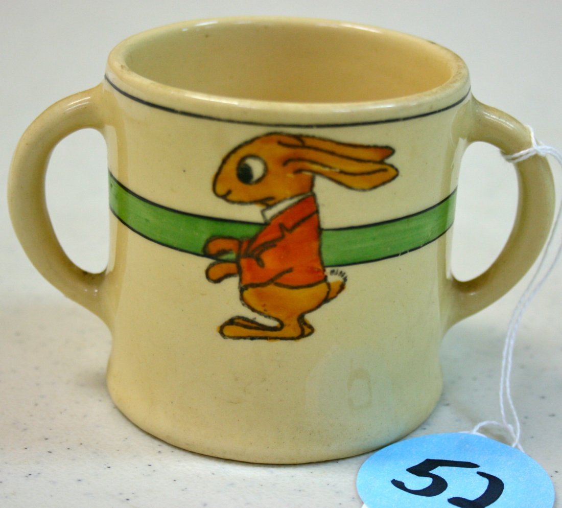 Roseville pottery Juvenile line w/rabbit pattern: Roseville pottery juvenile line, 3" 2 Handled Mug, RV Stamp, rabbit w/coat, green band