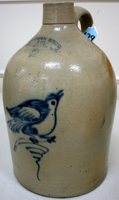 Two Gallon stoneware Jug Ottman Bro's: Ottman Bro's & Co Fort Edwards NY, two gallon stoneware jug, wonderful fat blue bird
