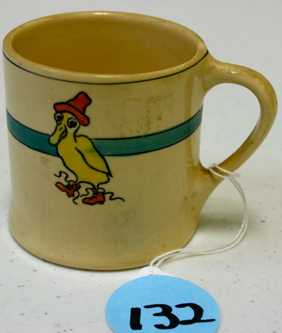 Roseville pottery Juvenile line, w/duck: Roseville pottery juvenile line, 3" Mug, RV Stamp, duck w/hat, blue band