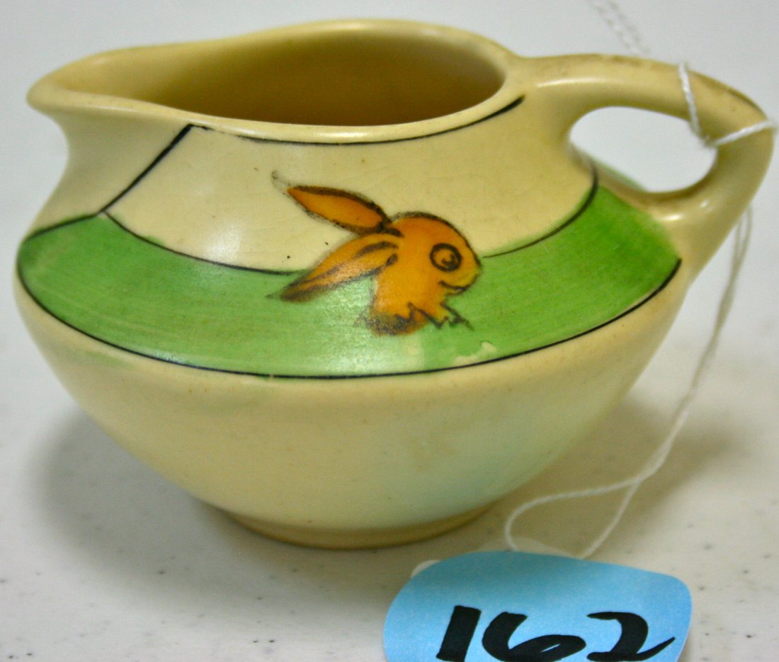 Roseville pottery Juvenile line, w/rabbit: Roseville pottery Juvenile line, 3" Creamer, #10, rabbit head, Green Band
