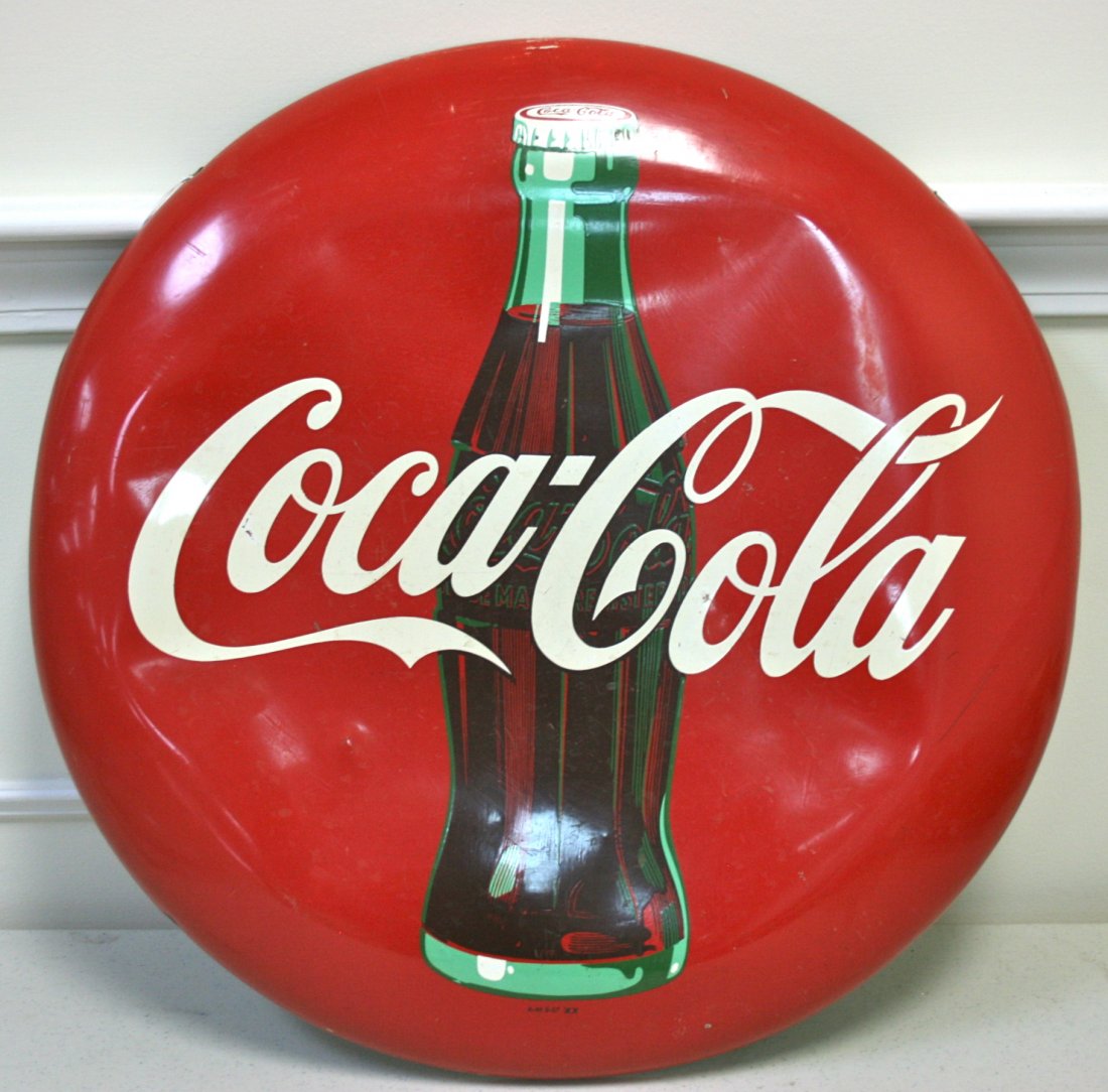 Coca Cola Advertising Sign: Coca Cola Advertising Button Sign, round, below bottle "AM9-57 XX", 24"dia