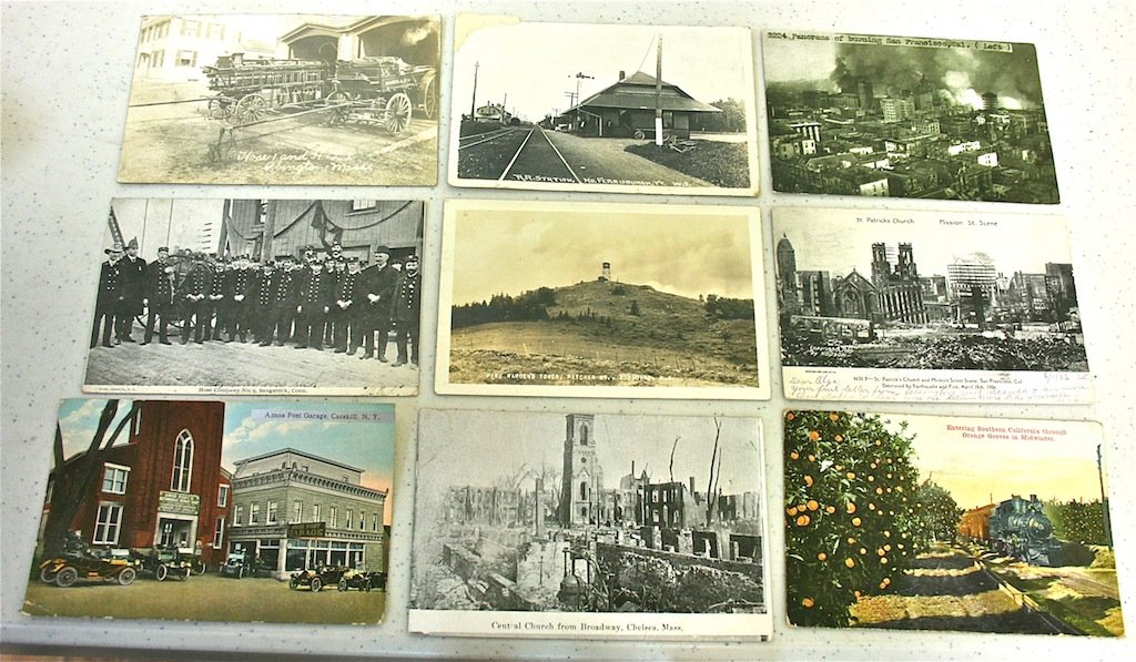 Postcards, several Fire related: Twenty Two Postcards, Several Fire related to include real photo of Hose & H&L1 Abington Mass, other real photos, Railroad Scenes, Ships, etc.