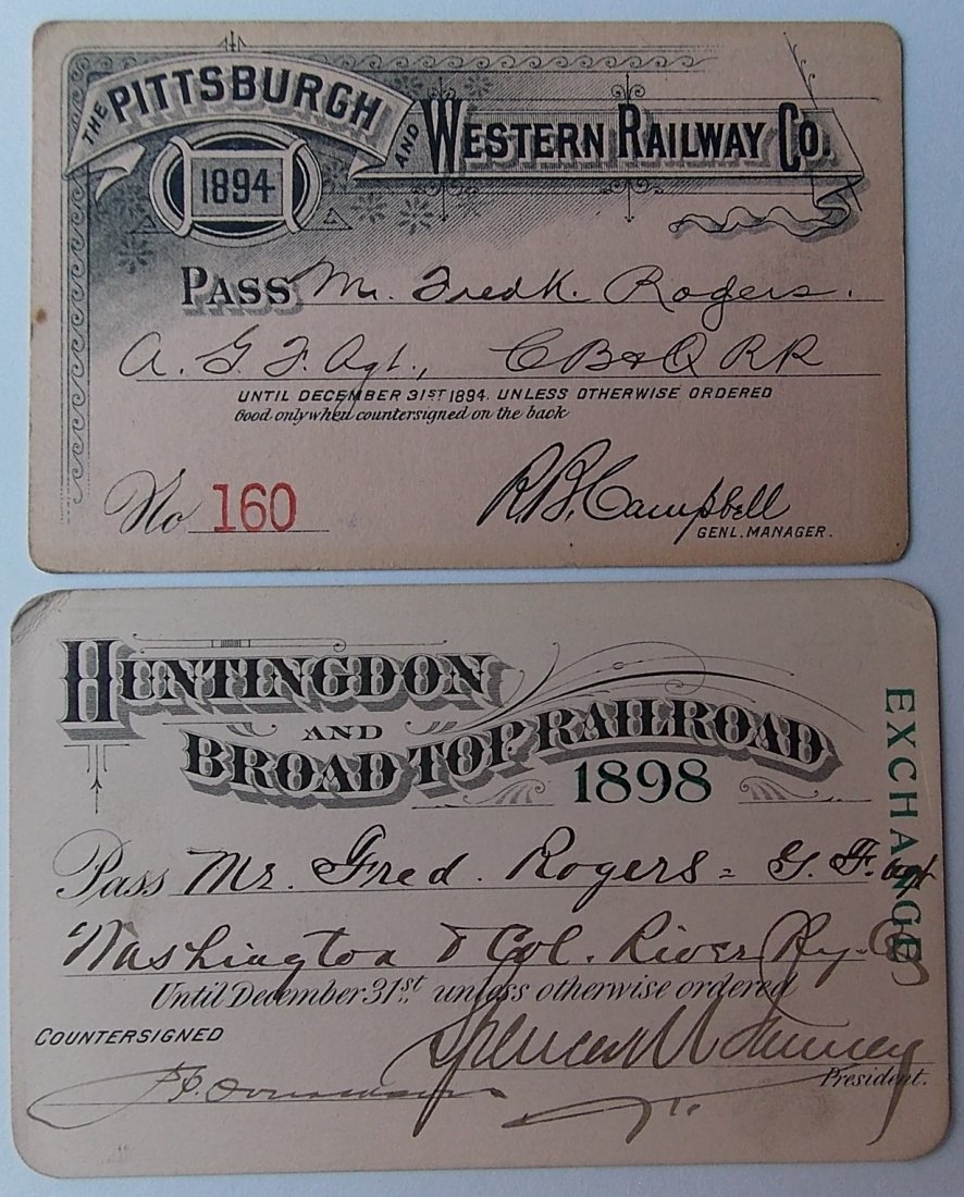 Railroad Annual Passes (2) Pennsylvania P&W H&BTM: Both of these passes are from Pennsylvania: (1) 1894 Pittsburgh & Western was a narrow gauge that was eventually standard gauged (2) 1898 Huntington & Broad Top from the center of the state is a popul