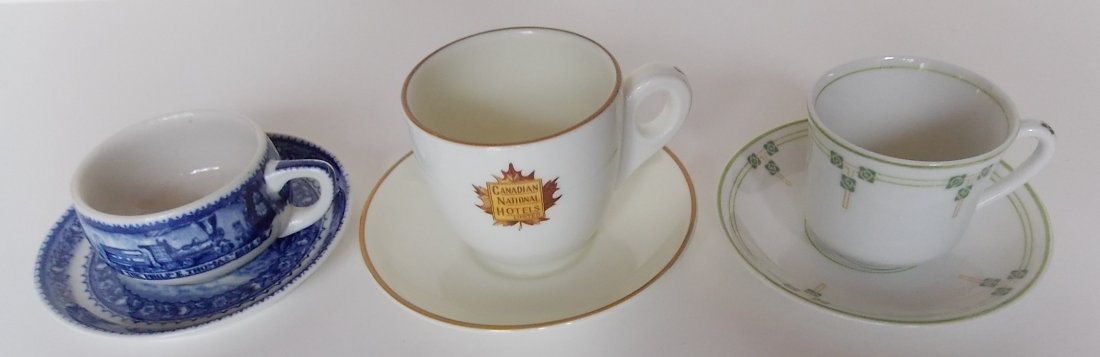 3 Railroad Coffee Demi Sets: B&O, CN, IT: A group of three different pattern demi sets. (1) Baltimore & Ohio Scammell's Lamberton squat cup and matching saucer (2) Canadian National Hotels Limited set made by Royal Doulton, Illinois Terminal 