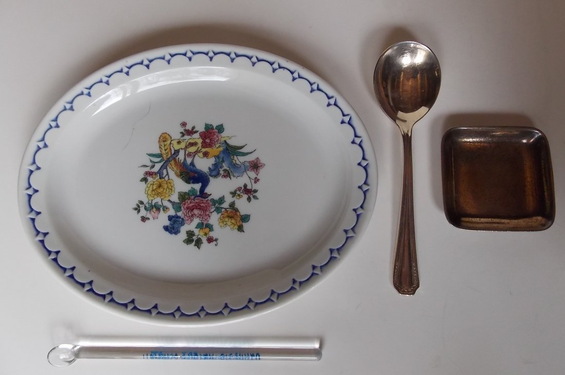 Milwaukee Road & Northern Pacific Dining Car 4: This group of dining car items includes: Milwaukee Road – Peacock pattern platter 8” by 6 1/2” Syracuse Econo-Rim; spoon marked CMStP&P, Hiawatha glass drink stirring stick. The Northern Pacific