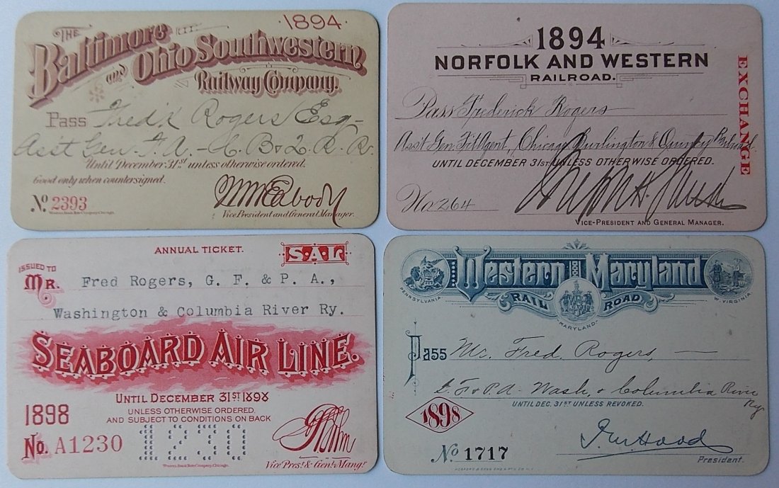 Railroad Annual Passes (4) South East: B&OSW, N&W: A group of 4 annual passes from the Mason Dixon line and south: (1) 1894 Baltimore & Ohio Southwestern (2) 1894 Norfolk & Western (3) 1898 Seaboard Air Line with extensive list of operating lines on r