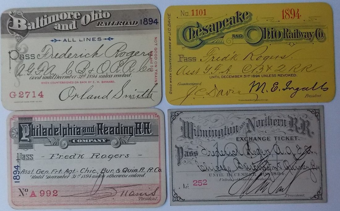 Railroad Annual Passes (4) B&O, C&O, Rdg, Wilm &: A group of (4) passes from: 1894 Baltimore & Ohio, 1894 Chesapeake & Ohio (3) 1894 Philadelphia & Reading with list of divisions on the reverse (4) 1894 Wilmington & Northern.