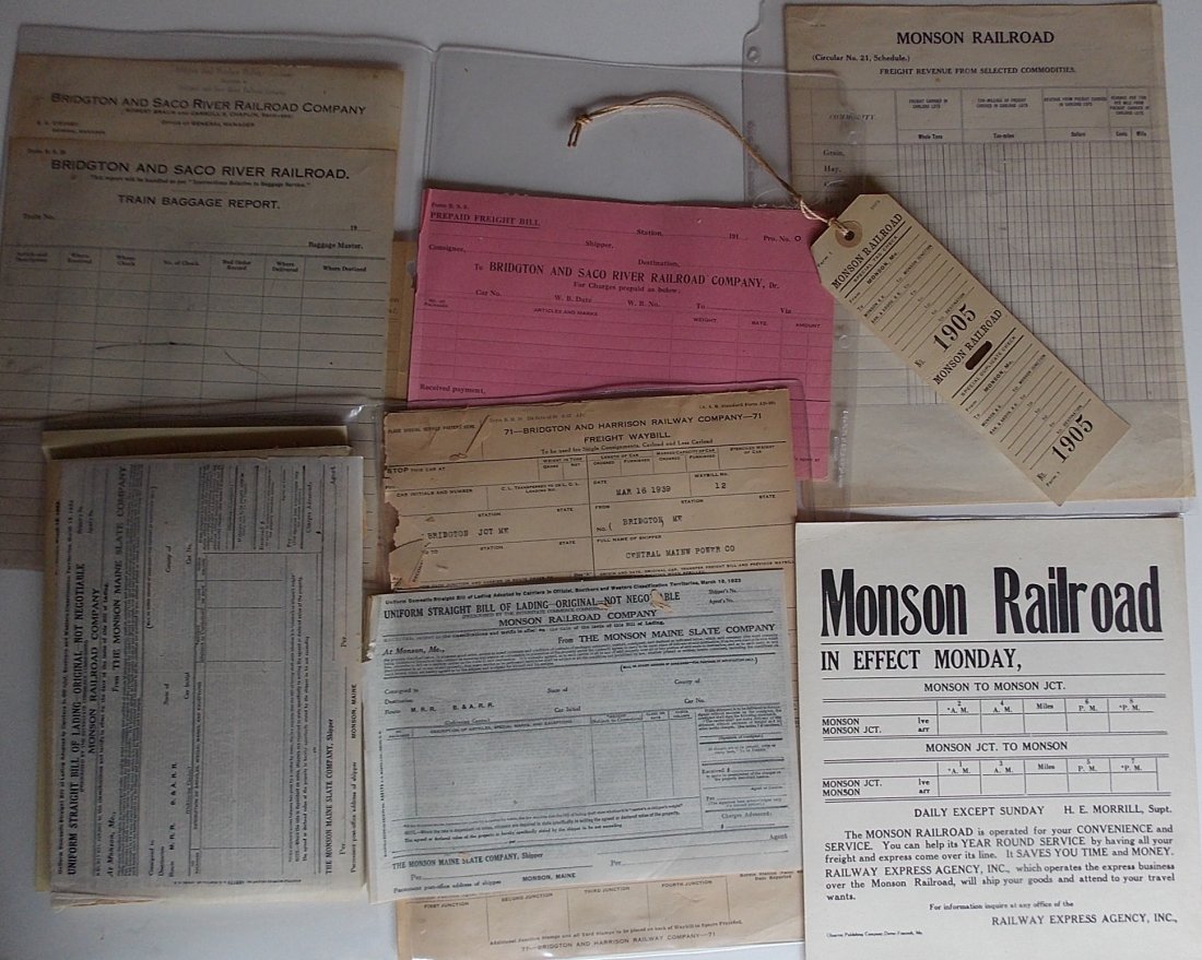 Maine Narrow Gauge Railroad Paper: Monson, WW&F,: This group of paper is all from Maine 2 foot gauge lines: Monson timetable notice (no times) 8” by 9”. Monson cardstock baggage tag, Monson Slate Bill of Lading, Freight Commodity sheets (2). Wisc