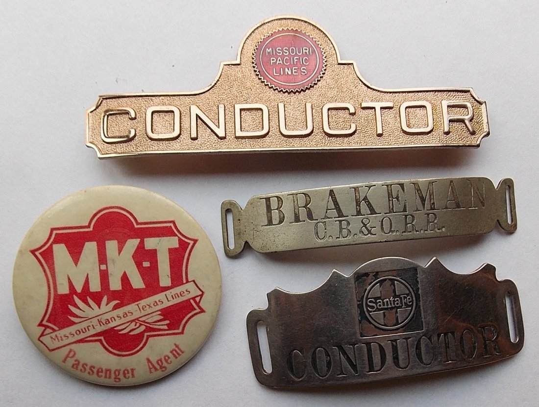 Railroad Badges: MoPac CB&Q AT&SF MKT: A group of 4 badges and pin backs from (1) Missouri Pacific Conductor – buzz saw logo in enamel, flat – minty (2) Chicago Burlington & Quincy Brakeman – flat band mounts still there and cut down