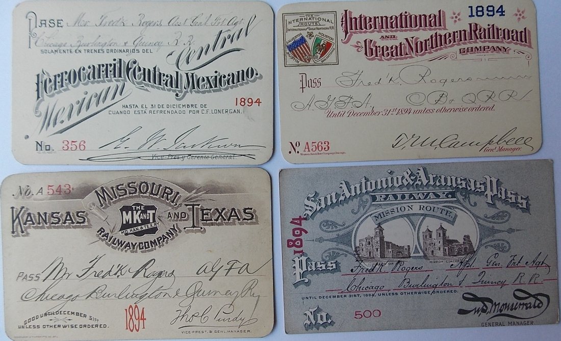 Railroad Annual Passes related to Texas (4): A group of 4 1894 annual passes that are all related to Texas: (1) Ferrocarril Central Mexicano – printed in Spanish (2) International & Great Northern with Mexican and US flags in color (3) Missour