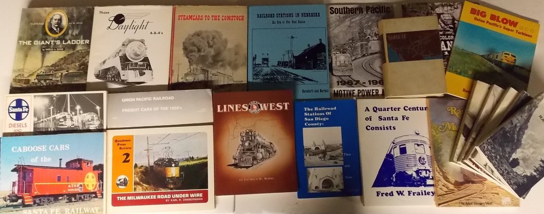Railroad & Train Books – The West (19): A large group of books dealing with the American West. Hard covers include: The Giants Ladder, Those Daylight 4-8-4s by Church, Railroad Stations in Nebraska, Santa Fe. Soft covers include: Railroad S