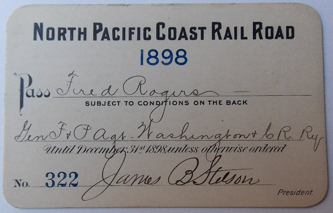 North Pacific Coast Railroad 1898 Narrow G. Pass: A classic California narrow gauge line that served San Francisco via a Ferry in Sausalito to Duncan's Mills. This line was standard gauged in 1902.