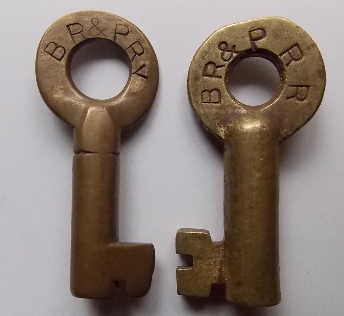 Buffalo Rochester & Pittsburgh Railroad Keys (2): 2 brass switch style keys for the BR&P. They are both marked “S” but they have different bits: (1) BR&P RY “S” on reverse with “A429” looks like a Bohannan (2) BR&P RR with “S” on reve