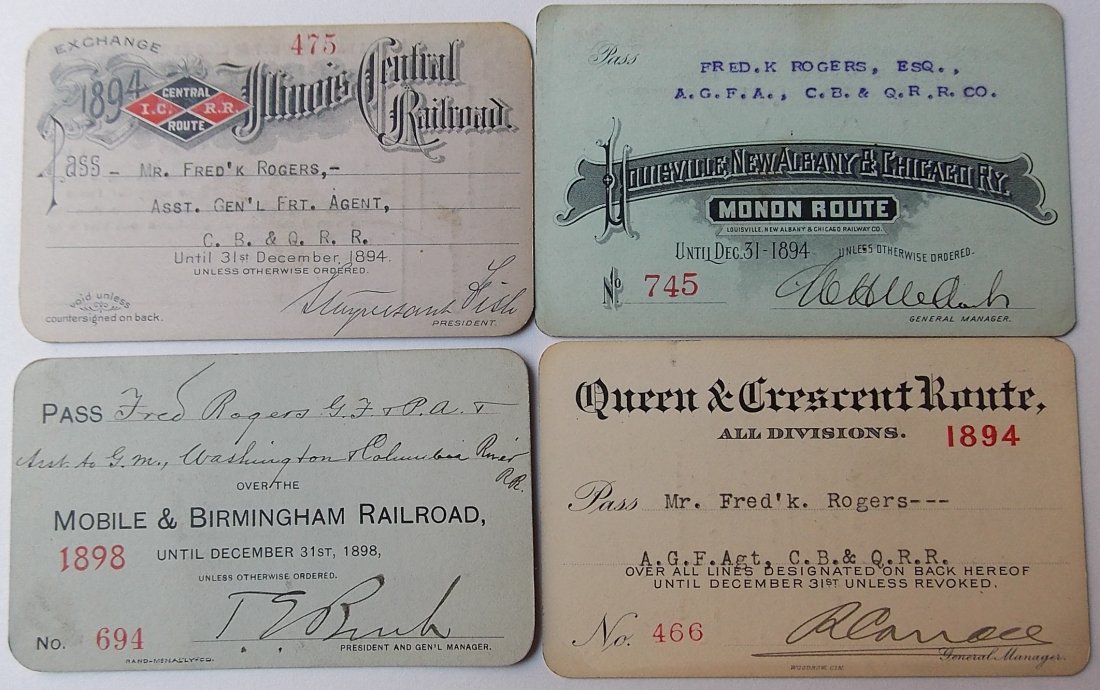 Railroad Annual Passes (4): IC, LNA&C, M&B, Q&C: A group of 4 annual passes from: (1) Illinois Central – fancy (2) Monon Route (3) Mobile & Birmingham (4) Queen & Crescent Route – list of operated lines on the reverse.