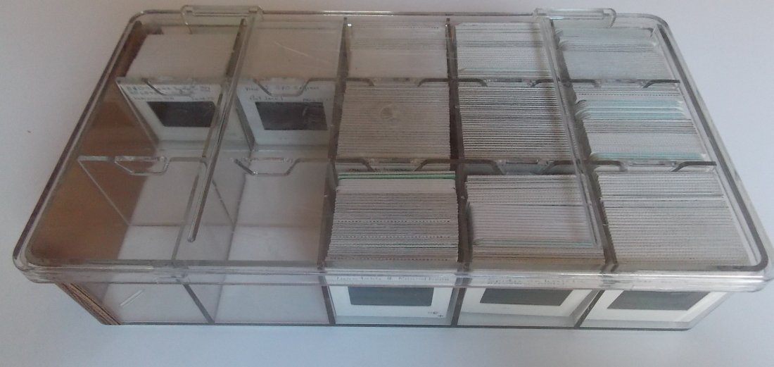 Storage Tray 350+- Slides B&M, MW/B&O, Cass, Port: A plastic storage box that has about 350 color slides. Lots of subjects. Some include: Boston & Maine West Lebanon, New Hampshire yard detail, Port Jarvis action in 1979, Cass Scenic and trip(s) with 