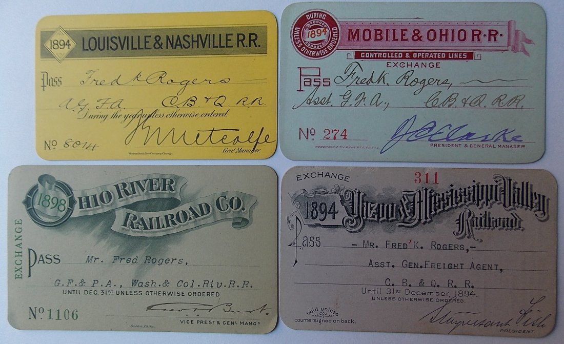 Railroad Annual Passes (4): L&N, M&O, OR, Y&MV: A group of 4 annual passes from South Central states: (1) Louisville & Nashville (2) Mobile & Ohio – fancy (3) Ohio River Railroad (4) Yazoo & Mississippi Valley – fancy.
