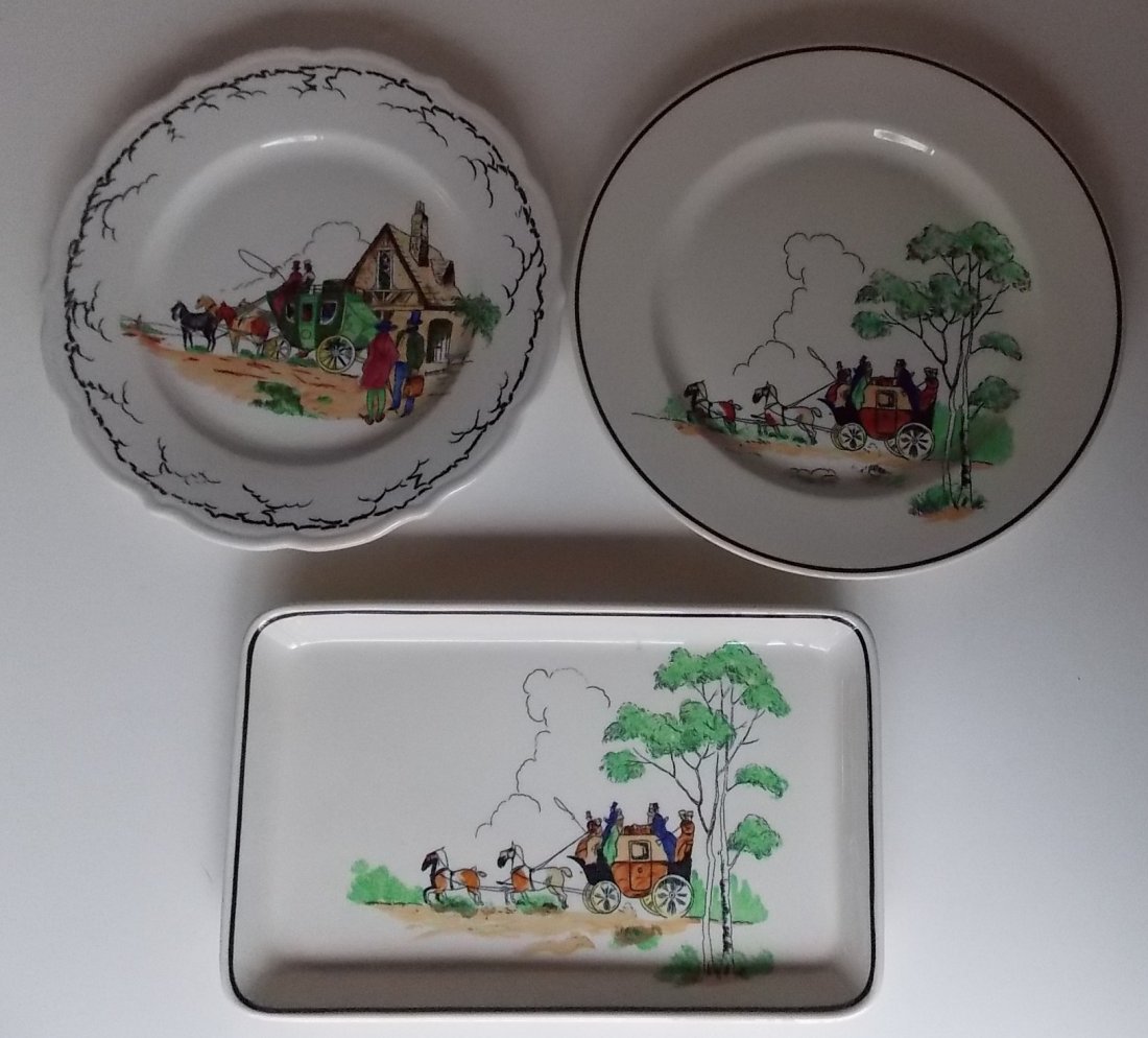 Norfolk & Western (3) Coach and Four China Pieces: The “Coach and Four” pattern was used at the Hotel Roanoke which was owned by the Norfolk & Western Railway. This is a group of 3 pieces. The large rectangular platter is a Syracuse Old Ivory prod