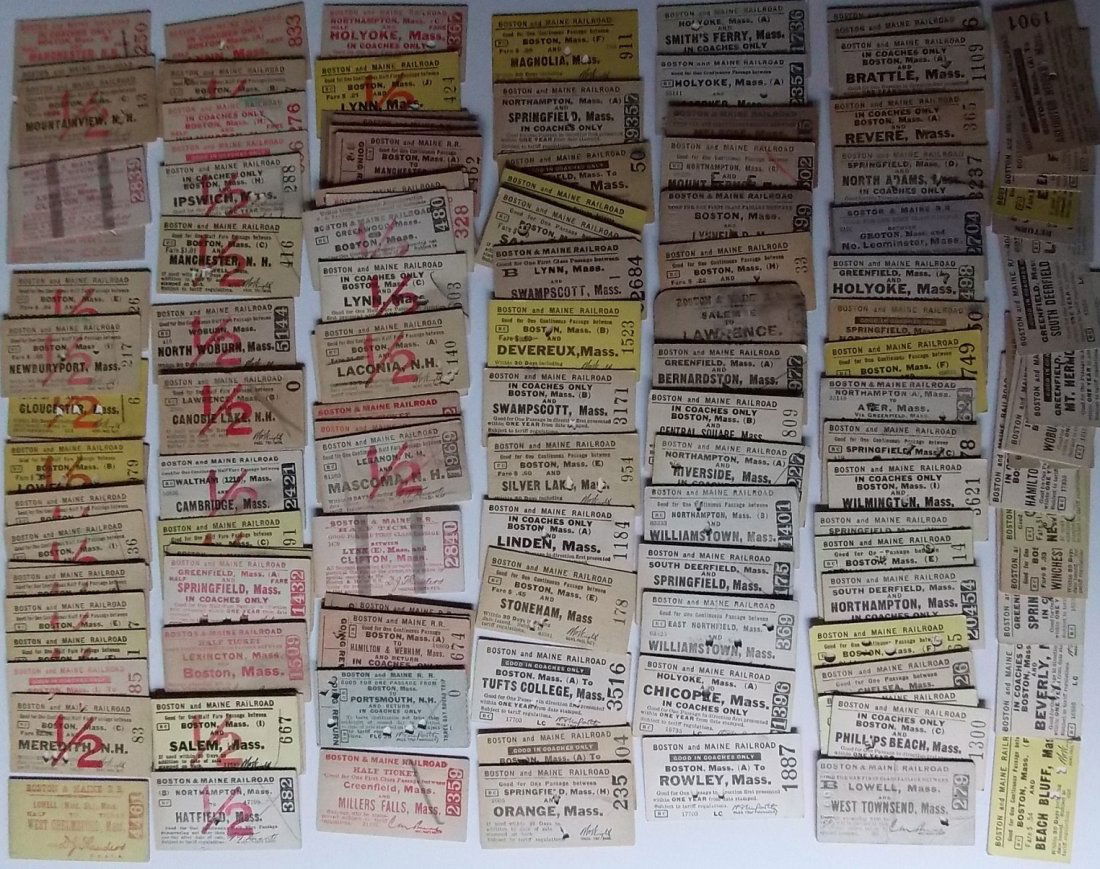 Boston & Maine Railroad Tickets (120+): A large, diverse group of 120+ tickets from the Boston & Maine Railroad. I think all have cancellation marks and ticket punches. Some round trip issues and the balance are all Massachusetts based. The